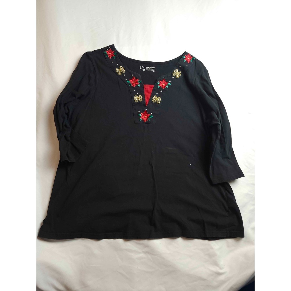 Holiday‎ Editions Shirt Womens Size 2X Black Knit Christmas Poinsettia V-Neck